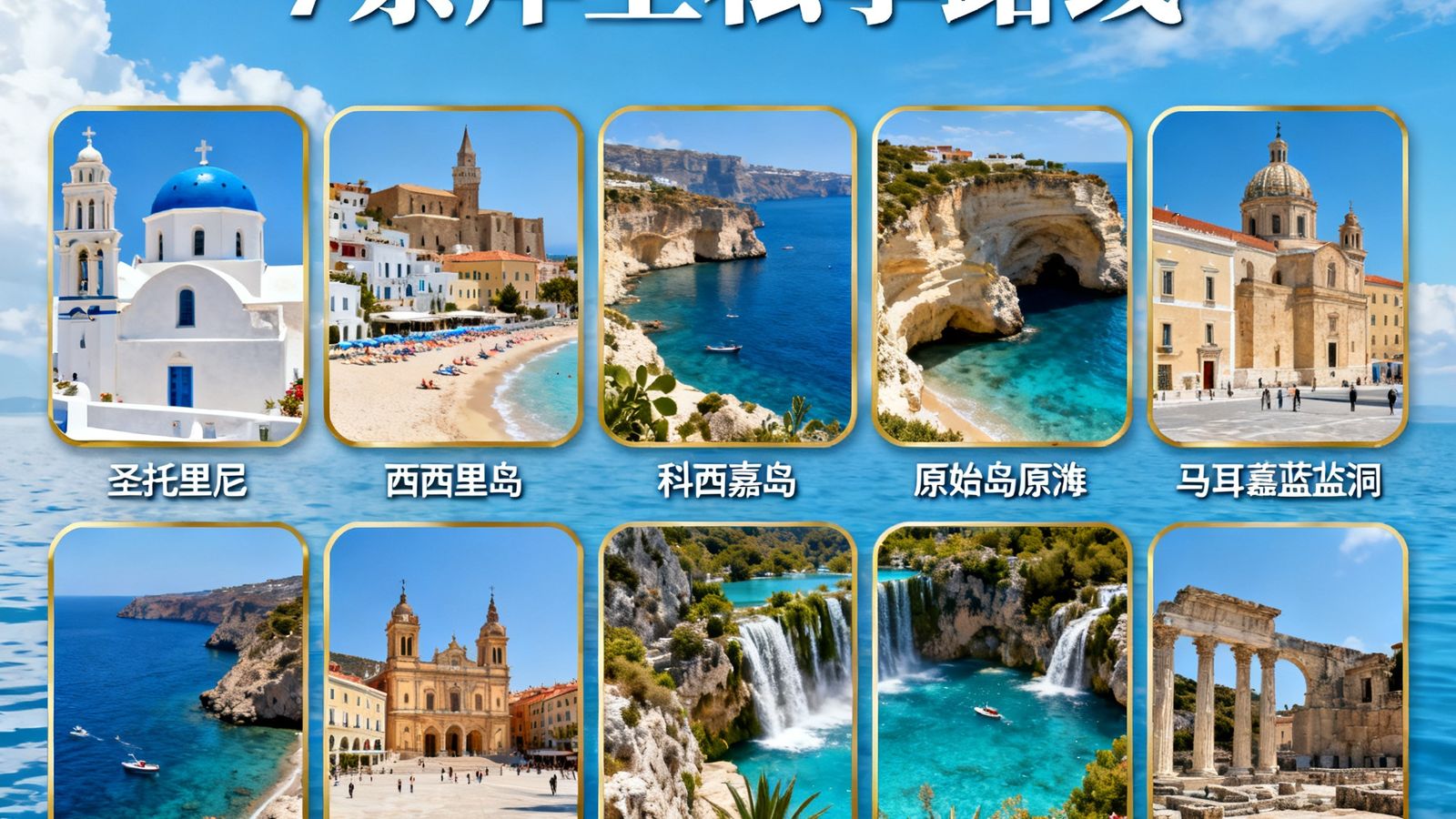 2025年地中海航线升级宣传图，展示新增的7条岸上私享路线目的地风光拼图
